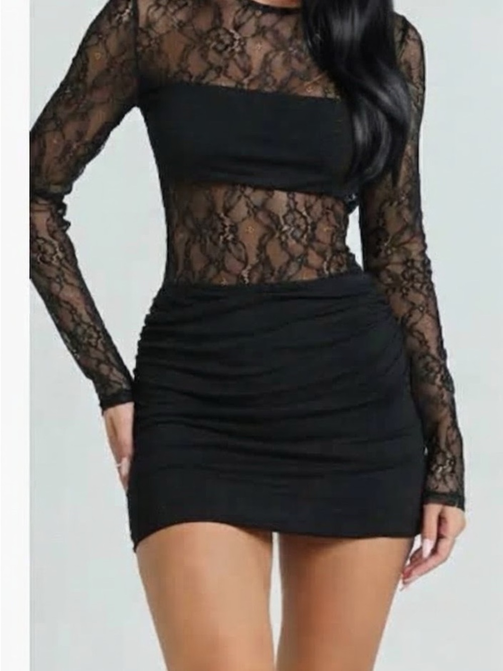 NWT Showpo Imelda Black Lace Cut Out Sheer Bodycon Ruched Mini Dress 10 Medium